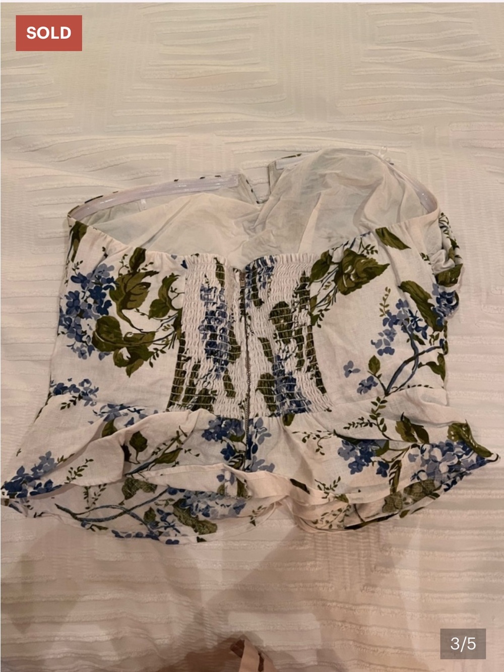 Reformation White Strapless Floral Smocked Camisole with Blue and Green Print